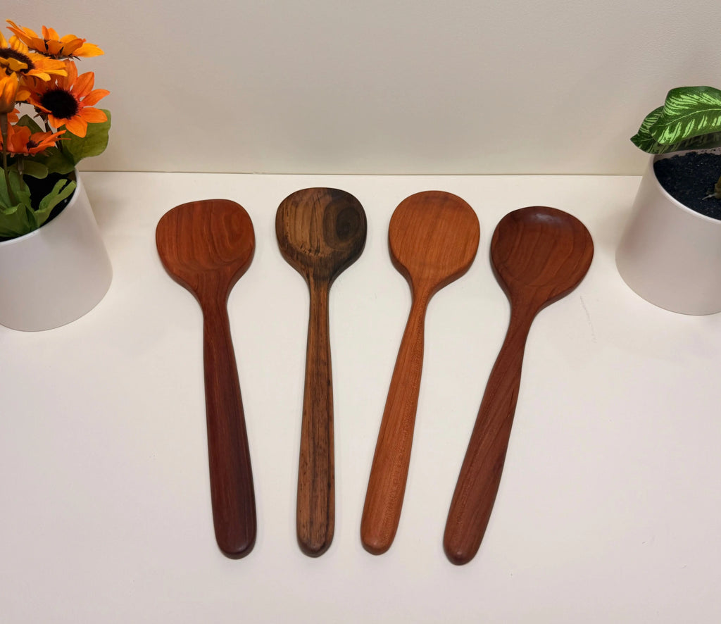 Handcrafted wooden kitchen utensil set, four rounded-head spoons in walnut and cherry wood