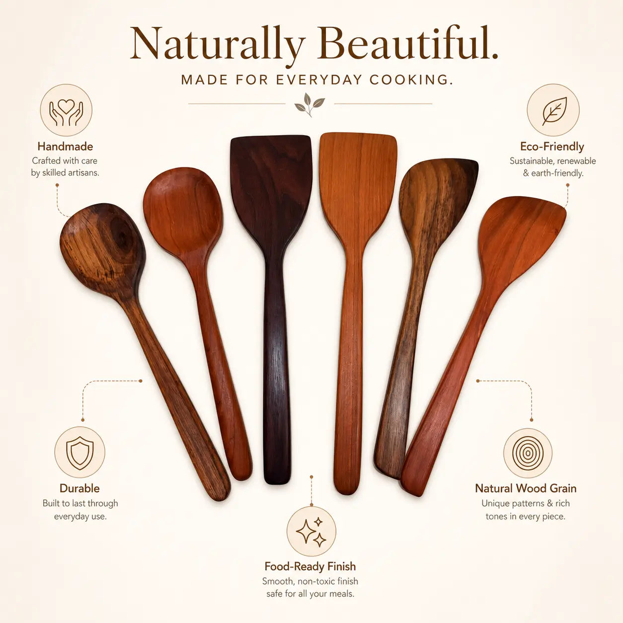 Handcrafted wooden kitchen utensil set, assorted walnut and cherry spoons and spatulas