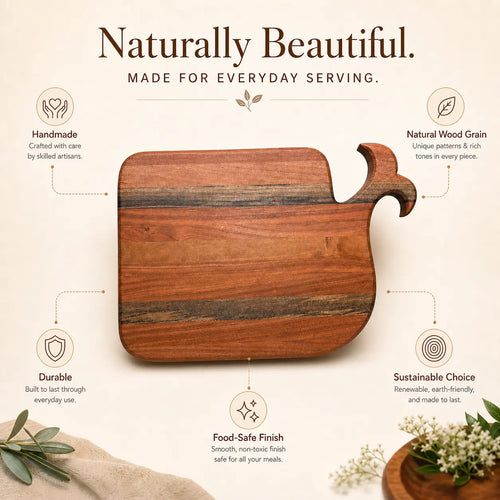 Whale-shaped serving board in cherry and walnut wood with central grain stripe
