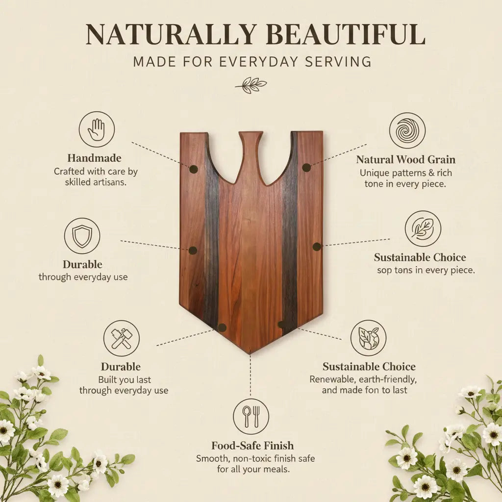 Handmade charcuterie serving board with cherry wood face and walnut side inlays, U-cut