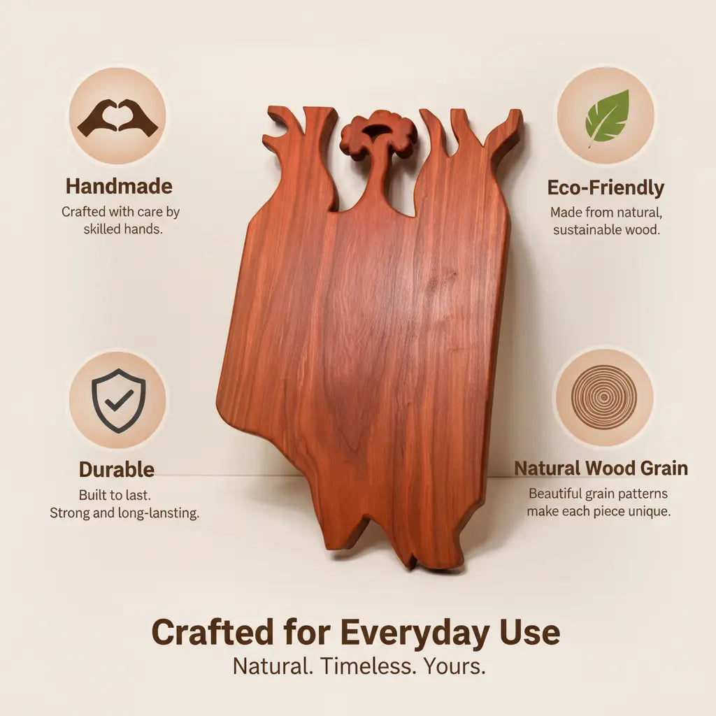 Cherry wood charcuterie board with carved tree motif and cutout handles
